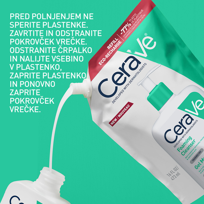 CeraVe peneči čistilni gel za normalno do mastno kožo, polnilo 473 ml – navodila za ponovno polnjenje plastenke